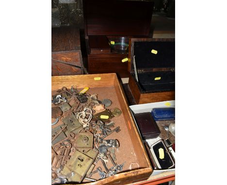 A QUANTITY OF COLLECTABLES, LOCKS, KEYS, 19TH CENTURY TEA CADDY AND TWO OTHER WOODEN BOXES, including a hallmarked silver nap