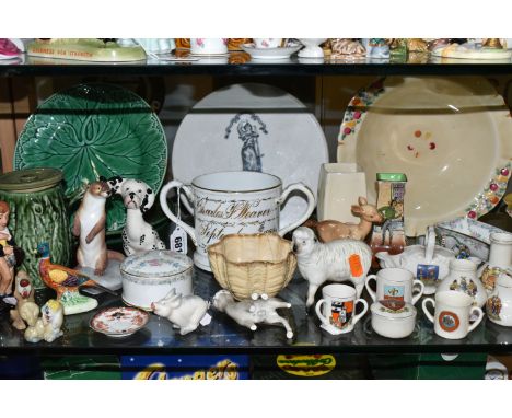 A GROUP OF CERAMICS, to include a nineteenth century loving cup, decorated with ferns and ivy, and gilt inscription 'Charles 
