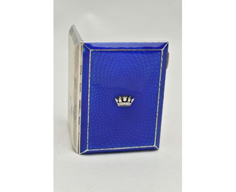 A GEORGE V SILVER AND ENAMELLED CIGARETTE CASE WITH MOUNTED NAVAL CROWN, the engine turned case with gilt interior, maker's m