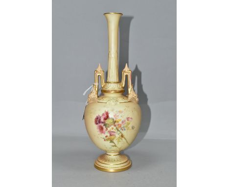 A ROYAL WORCESTER BLUSH IVORY VASE, shape 1406, the body painted with thistles and other wild flowers, with monogram for Edwa