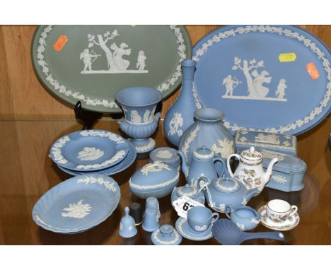 A COLLECTION OF WEDGWOOD JASPERWARE AND GIFTWARE, mostly pale blue jasperware, including miniature tea wares, thimbles, minia