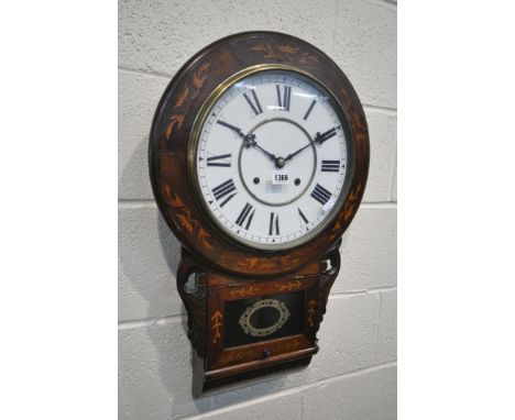 A LATE 19TH CENTURY WALNUT AND MARQUETRY INLAID DROP DIAL WALL CLOCK, with an enamel dial, with a pendulum, no winding key (c