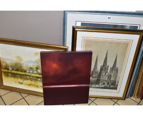 FOUR PAINTINGS AND PRINTS, comprising Dennis Wood (contemporary) an abstract composition signed verso, oil on box canvas, app
