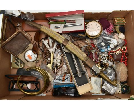 A BOX OF ASSORTED ITEMS, to include various pieces of costume jewellery, various prescription glasses and sunglasses, trinket