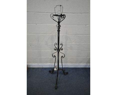AN ARTS AND CRAFTS WROUGHT IRON TELESCOPIC CONVERTED OIL LAMP, height minus light fitting 151cm (condition:-bolt missing to s