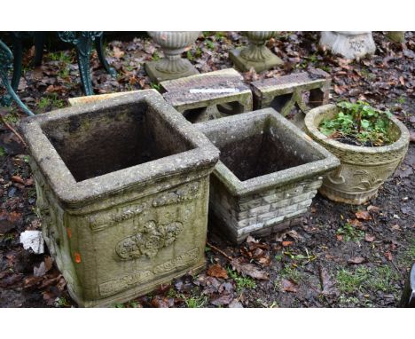 A WEATHERED COMPOSITE SQUARE PLANTER, 42cm square x height 40cm, a brick effect planter, a circular planter, and four composi