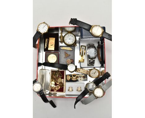 A BOX OF ASSORTED ITEMS, to include a cased 'Defender of the Skies' wristwatch, a 'Timex' pocket watch, seven wristwatches, n