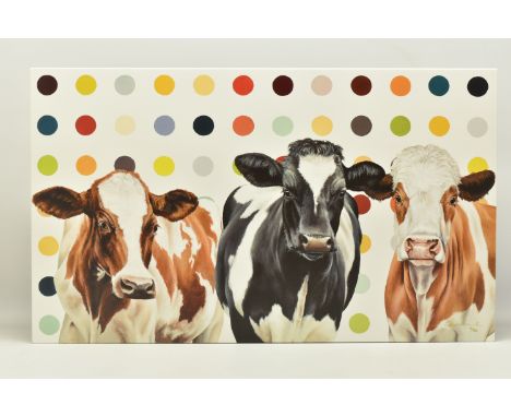 HAYLEY GOODHEAD (BRITISH CONTEMPORARY) 'DAMIEN'S HERD', a limited edition box canvas print depicting cows against a spotted b