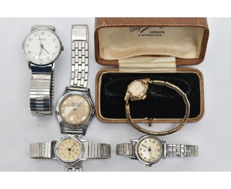 FOUR GENTS WRISTWATCHES AND A LADYS GOLD-PLATED WRISTWATCH, the gents watches to include names such as 'Sekonda, Timex, and S