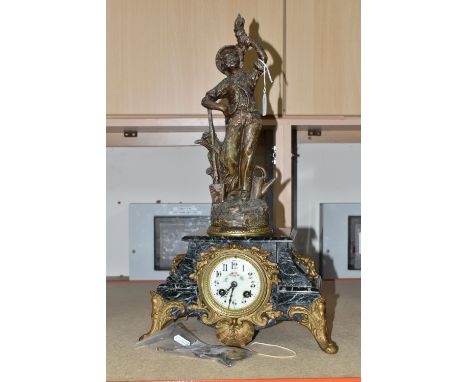 A LATE 19TH/EARLY 20TH CENTURY FRENCH FIGURAL CLOCK, black and white marble base surmounted with a 'Jardinière' figure, flora