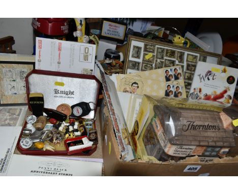 TWO BOXES OF BREWERIANA, TINS AND FIRST DAY COVERS, to include a Tuborg lager ashtray, Tapster's Blackdown Porter pump clips,