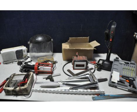 A SELECTION OF MISCELLANEOUS to include a Unbranded rotary tool with drill stand, small cased glue gun, Maplin electric teste