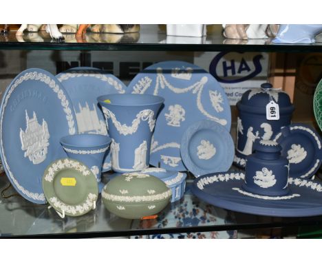 A COLLECTION OF WEDGWOOD  JASPERWARE, comprising a dark blue inkwell and pen stand, ashtray, and biscuit jar, a light blue 19