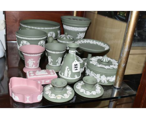 A QUANTITY OF WEDGWOOD GREEN JASPERWARE TOGETHER WITH THREE PIECES OF PINK JASPERWARE, comprising a large footed bowl, a larg