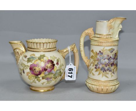 TWO ROYAL WORCESTER BLUSH IVORY JUGS, comprising a mask jug, shape no.1366, height 16cm and the other of bulbous form, shape 