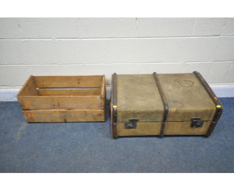 A VINTAGE WOODEN TRAVELLING TRUNK (finish distressed) and a wooden fruit crate (2)
