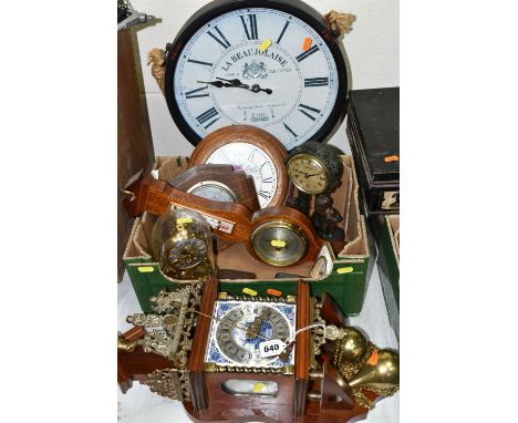 A BOX AND LOOSE OF 20TH CENTURY CLOCKS AND BAROMETERS, including a Dutch style wall clock, a decorative French style wall clo