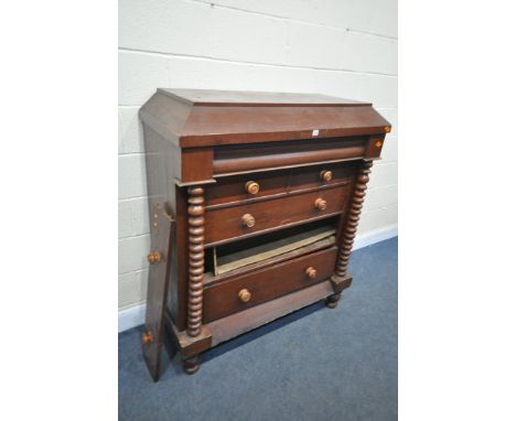 A VICTORIAN MAHOGANY SCOTTISH CHEST OF TWO OVER THREE DRAWERS, with a secret ogee fronted drawer, on bobbin turned pillars, o