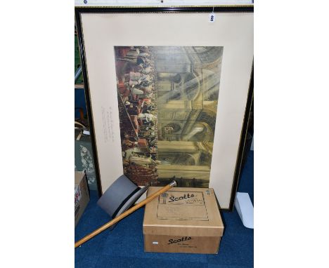 A BOXED TOP HAT, A SILVER HANDLED CANE, AND A FRAMED PRINT, comprising a silver handled cane by Swaine &amp; Adeney, London, 