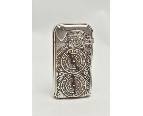 AN EARLY 20TH CENTURY AMERICAN GORHAM CO SILVER PLATED NOVELTY VESTA CASE, the front with King of Hearts playing card motif w