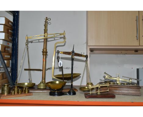 FOUR SETS OF VICTORIAN BALANCE SCALES, and a set of brass weights, a W.Wilcock &amp; Co. Chorley egg and letter balance scale