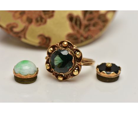 A 14CT GOLD, INTERCHANGABLE GEMSTONE RING, of a flower shape with beaded detail, to the centre is a screw piece fitting which