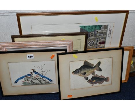 NINE ASSORTED PAINTINGS AND PRINTS ETC, comprising a Chinese painting on rice paper depicting a Carp and an exotic fish - sma