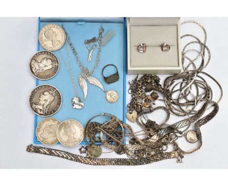 AN ASSORTMENT OF WHITE METAL JEWELLERY, to include a pair of signed 'Fiorelli' open heart earrings stamped 925, an assortment