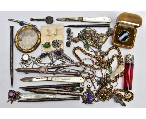 A BAG OF ASSORTED ITEMS, to include two silver bladed and mother of pearl handle fruit knives, each with a full silver hallma