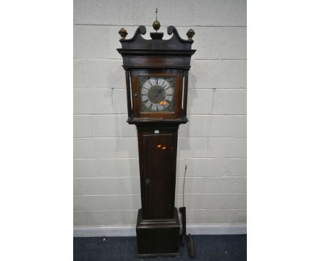 A GEORGIAN OAK 30 HOUR LONGCASE CLOCK, the hood with  three brass finial, cylindrical pillars, flanking a glazed door that's 