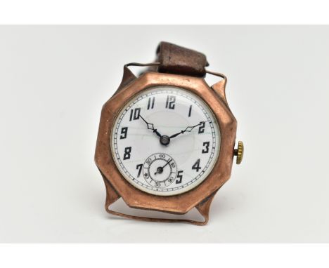 A 9CT ROSE GOLD WRISTWATCH, manual wind, round white dial, Arabic numerals, subsidiary dial at the six o'clock position, blue