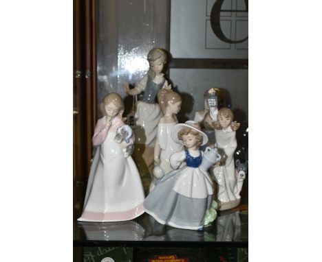 SIX NAO FIGURES, comprising 1478 'And Now To Bed', 0494 'Country Maiden - Pitcher', 'Who Is There', 1433 'Together In The Cou