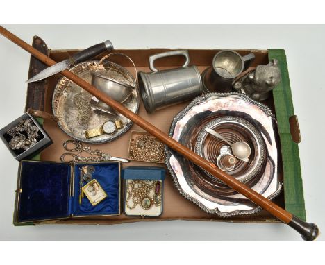 A BOX OF ASSORTED ITEMS, to include walking stick fitted with a silver pommel, hallmarked Birmingham, a silver bracelet fitte