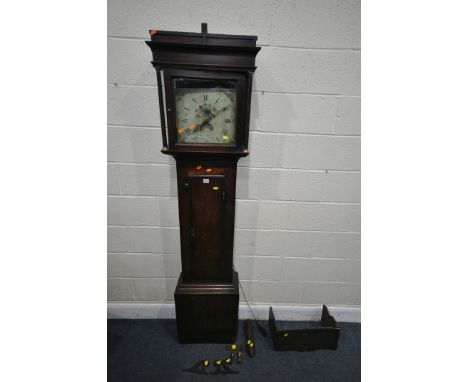 A GEORGIAN OAK 30 HOUR LONGCASE CLOCK, the square hood enclosing two fluted pillars, flanking a glazed door, that's enclosing