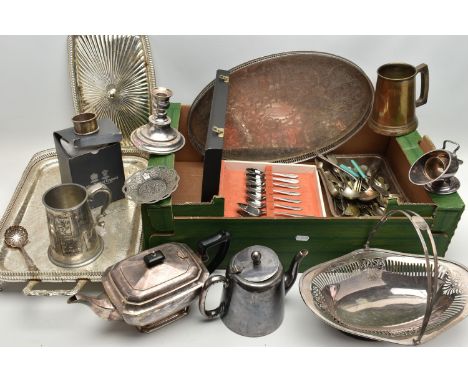 A BOX OF ASSORTED WHITE METAL WARE, to include a silver sifter spoon rubbed London hallmark, a silver napkin ring hallmarked 