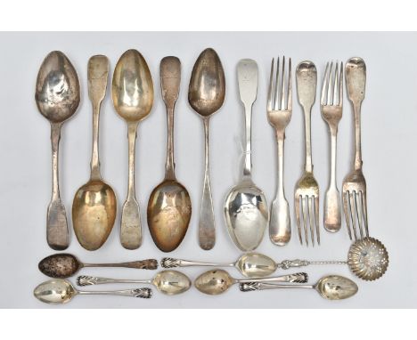A PARCEL OF 19TH AND EARLY 20TH CENTURY FLATWARE, comprising a set of five Victorian Fiddle pattern dessert spoons, engraved 