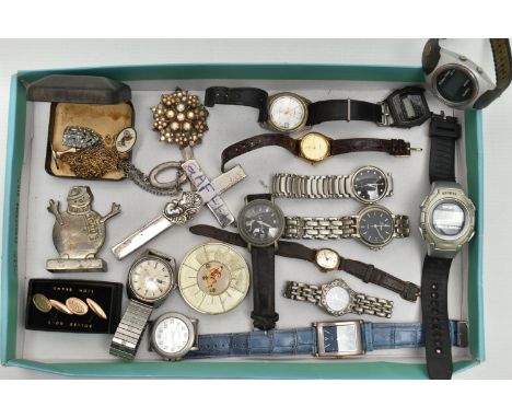 A BOX OF ASSORTED WRISTWATCHES AND OTHER ITEMS, thirteen wristwatches, names to include Lamar De Luxe, Sekonda, Timex, Larex,