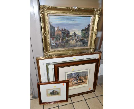 PAINTINGS AND PRINTS COMPRISING; PETER BRADSHAW (1931-?) A NOSTALGIC STREET SCENE WITH HORSES AND CARTS, signed bottom left, 