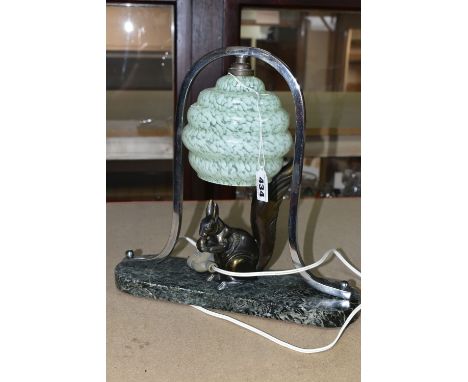 A FRENCH ART DECO SQUIRREL LAMP, with original mottled green glass shade and chrome frame, squirrel eating an acorn, height 3