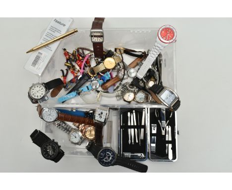 A BOX OF WRISTWATCHES AND ITEMS, to include ladys and gents wristwatches with names to include 'Orkina, Fossil, Rido, Geneva,