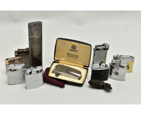 A SMALL PLASTIC BOX OF LIGHTERS, to include a boxed 'Ronson Vara flame', a 'Ronson Trader', a 'Parker Beacon', a small gold p
