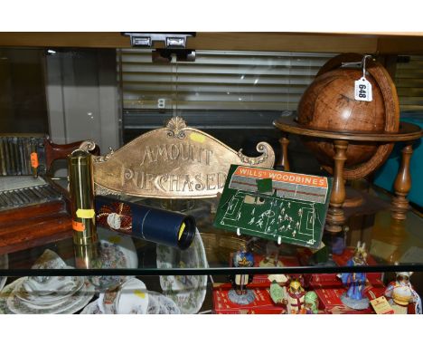 A Victorian mahogany and brass bound pill maker, together with a brass shop desk stand 'Amount Purchased', a Will's Woodbines