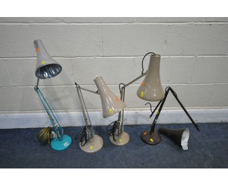 FOUR VARIOUS HERBERT TERRY ANGLEPOISE DESK LAMPS, in green/silver, two light brown and one dark brown (condition:-base loose 