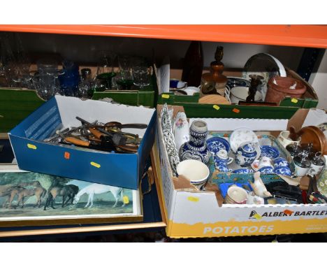 FOUR BOXES OF ASSORTED ORNAMENTS AND GLASSWARE, to include kitchenware, a boxed paper knife, two serving trays, a mid-century