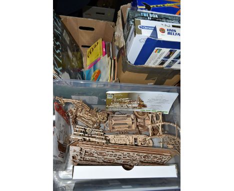 THREE BOXES OF MODEL MAKING KITS, L.P AND 45RPM RECORDS, to include a partially  built Ugears model research vehicle, two box