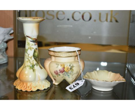 A GROUP OF ROYAL WORCESTER AND OTHER BLUSH IVORY CERAMICS, comprising a Royal Worcester vase of lobed three-footed form, shap