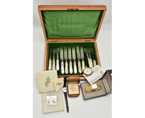 A BOX OF ASSORTED ITEMS, to include a 'Smiths' travel clock, an 'Ingersoll' wristwatch, a 'Citizen' quartz wristwatch, a pair
