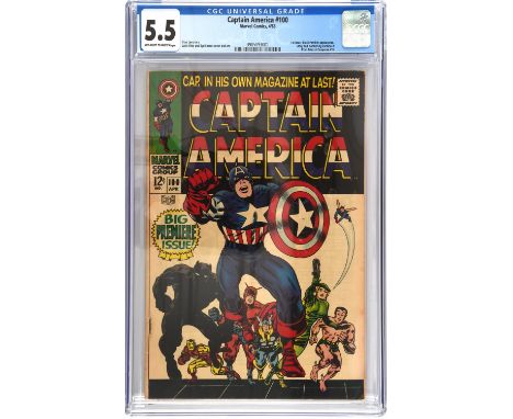Captain America No. 100 CGC Grade 5.5 featuring 1st issue of solo series and classic Jack Kirby cover (Marvel comics, April 1