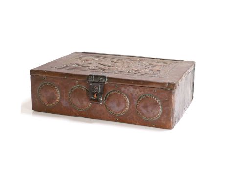 John Pearson (1859-1930), a copper casket, dated '1907', the lid embossed with grotesques, the front with stylised discs, wit