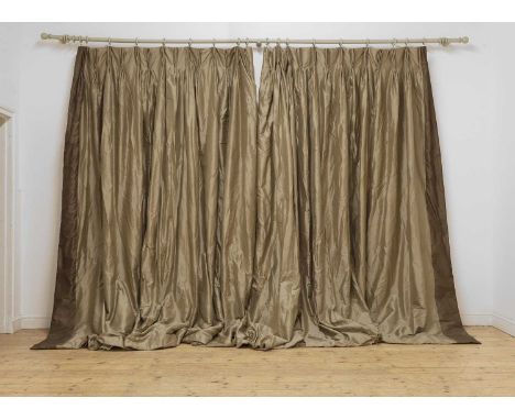 A pair of coffee-coloured silk curtains, of recent manufacture, lined and interlined,top 186cm widebottom 408cm wide300cm dro